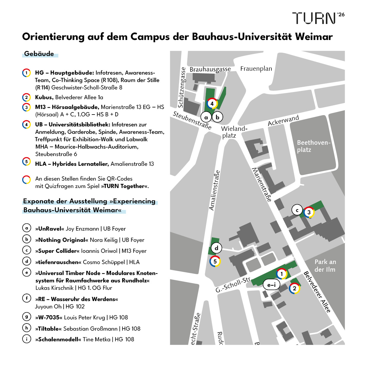 Lageplan für die Gebäude der Bauhaus-Universität Weimar bei der TURN Conference 2026. Abgebildet ist der Bereich zwischen Universitätsbibliothek (UB), Steubenstraße 6, bis zur Marienstraße 13, dem Hauptgebäude (HG) in der Geschwister-Scholl-Straße 8a und dem Hybriden Lernatelier in der Amalienstraße 13.
