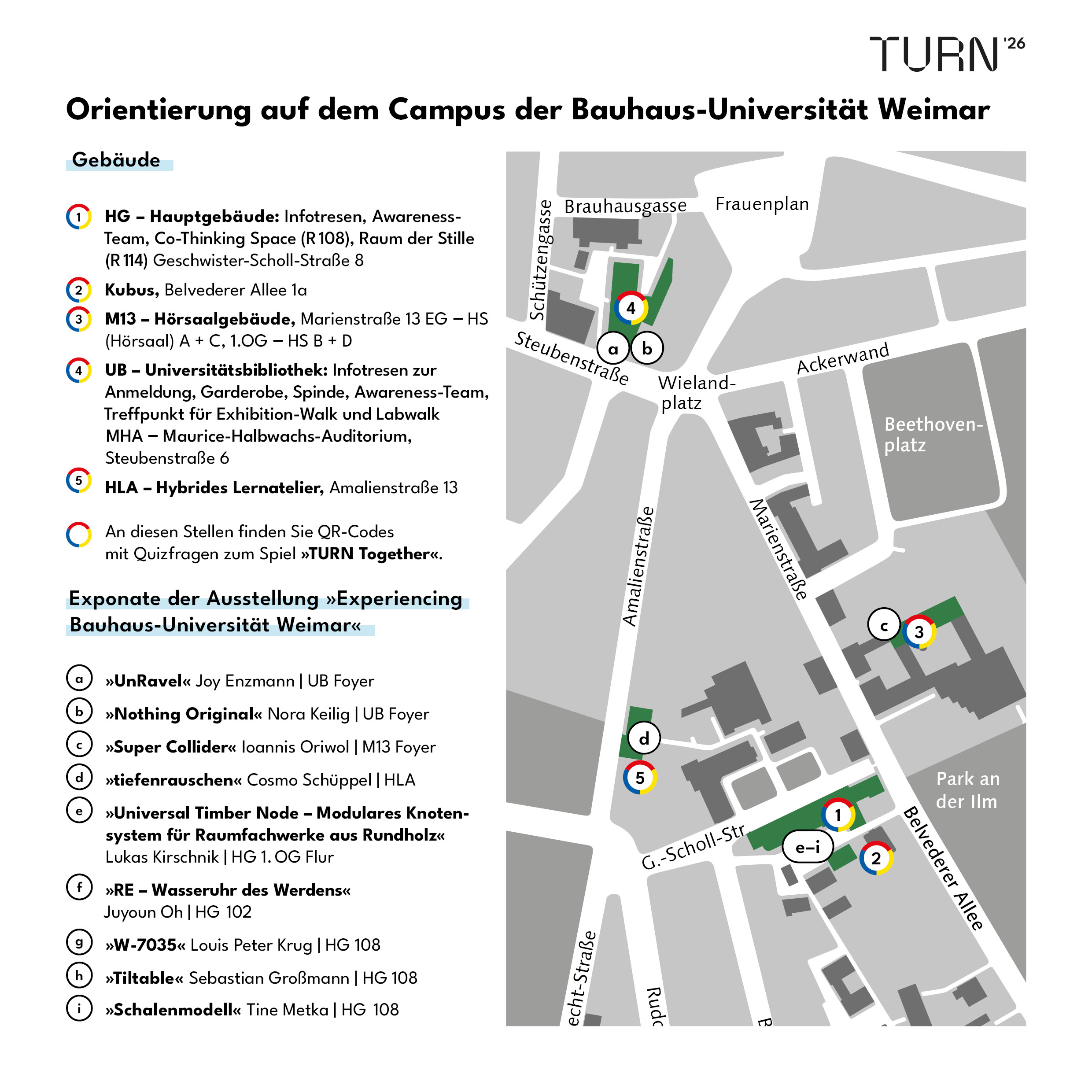 Lageplan für die Gebäude der Bauhaus-Universität Weimar bei der TURN Conference 2026. Abgebildet ist der Bereich zwischen Universitätsbibliothek (UB), Steubenstraße 6, bis zur Marienstraße 13, dem Hauptgebäude (HG) in der Geschwister-Scholl-Straße 8a und dem Hybriden Lernatelier in der Amalienstraße 13.
